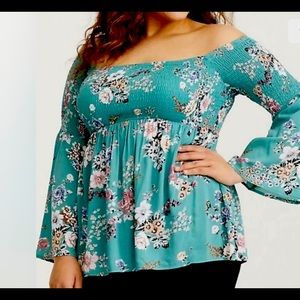 TORRID Plus Size 3 22/24 Floral Challis Off Shoulder Blouse Turquoise.
